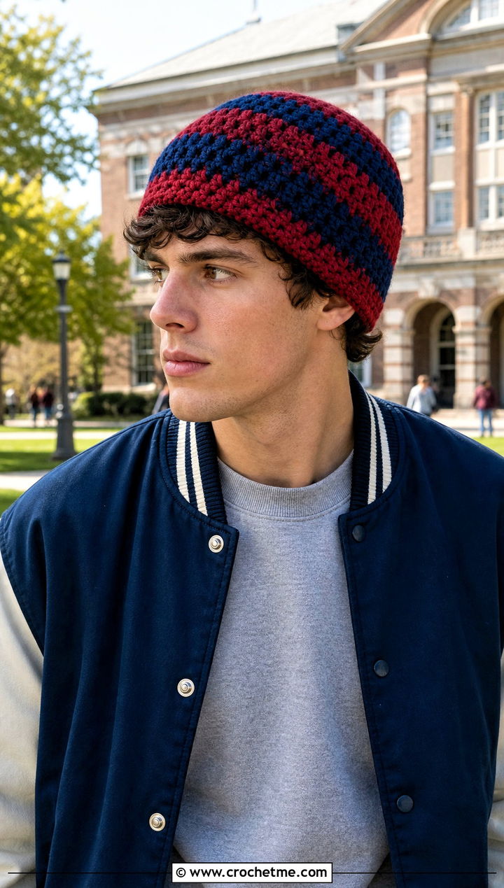 Striped Crochet Beanie With Varsity Jacket - 25 crochet for men's beanies outfit ideas