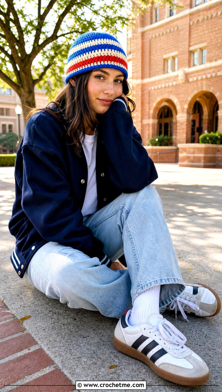 Striped Crochet Beanie With Varsity Jacket And Jeans - 35 women crochet hat outfit ideas