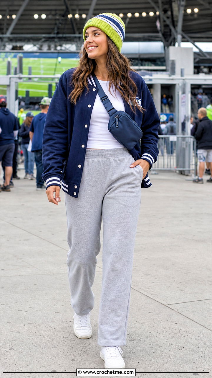Striped Crochet Beanie With Varsity Jacket And Joggers - 35 crochet beanie hat outfit ideas