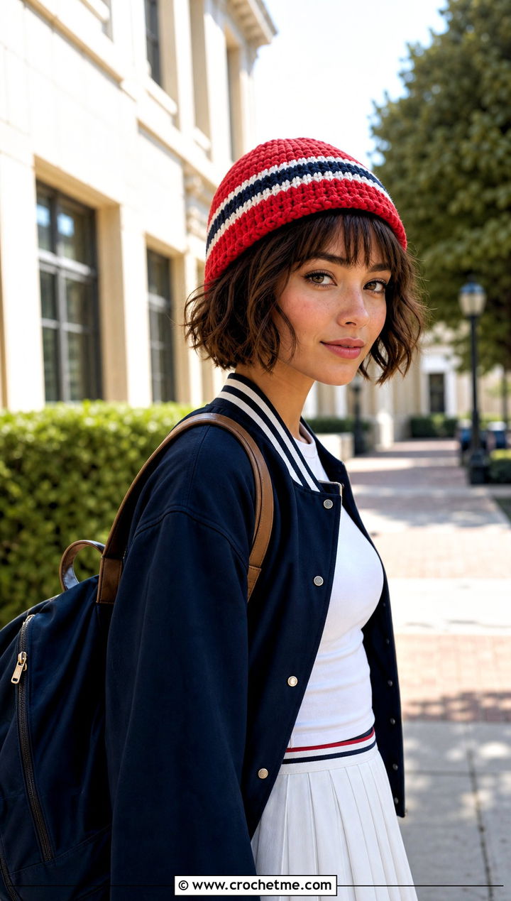 Striped Crochet Beanie With Varsity Jacket And Pleated Skirt - 20 unique crochet beanie outfit ideas