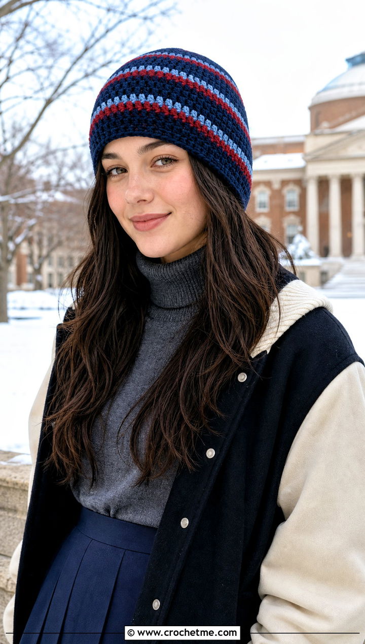 Striped Crochet Beanie With Varsity Jacket And Pleated Skirt - 25 winter crochet hat for women outfit ideas