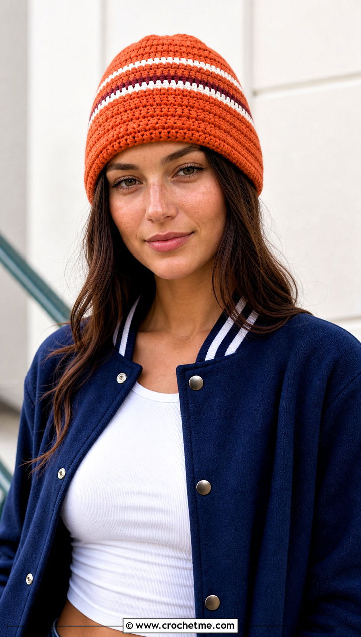 Striped Crochet Beanie With Varsity Jacket And Wide Leg Jeans - 15 Easy Crochet Beanies For Beginners outfit ideas