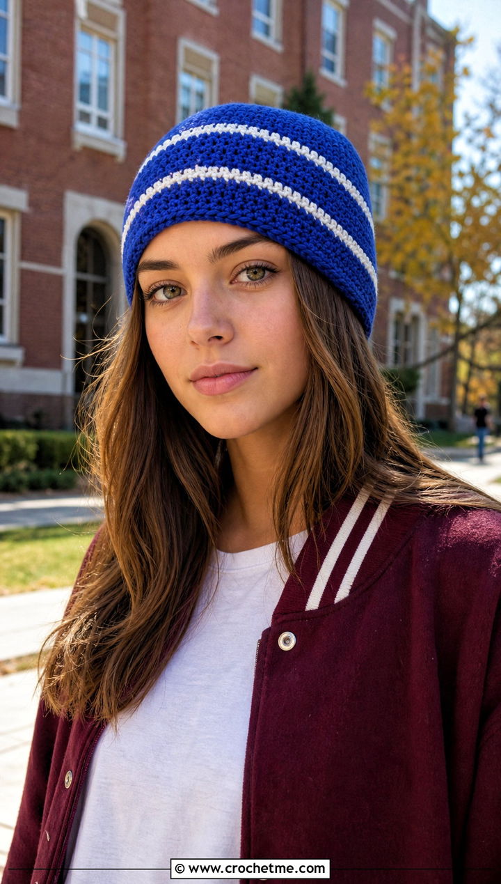 Striped Crochet Beanie With Varsity Jacket - 30 crochet beanies for women outfit ideas