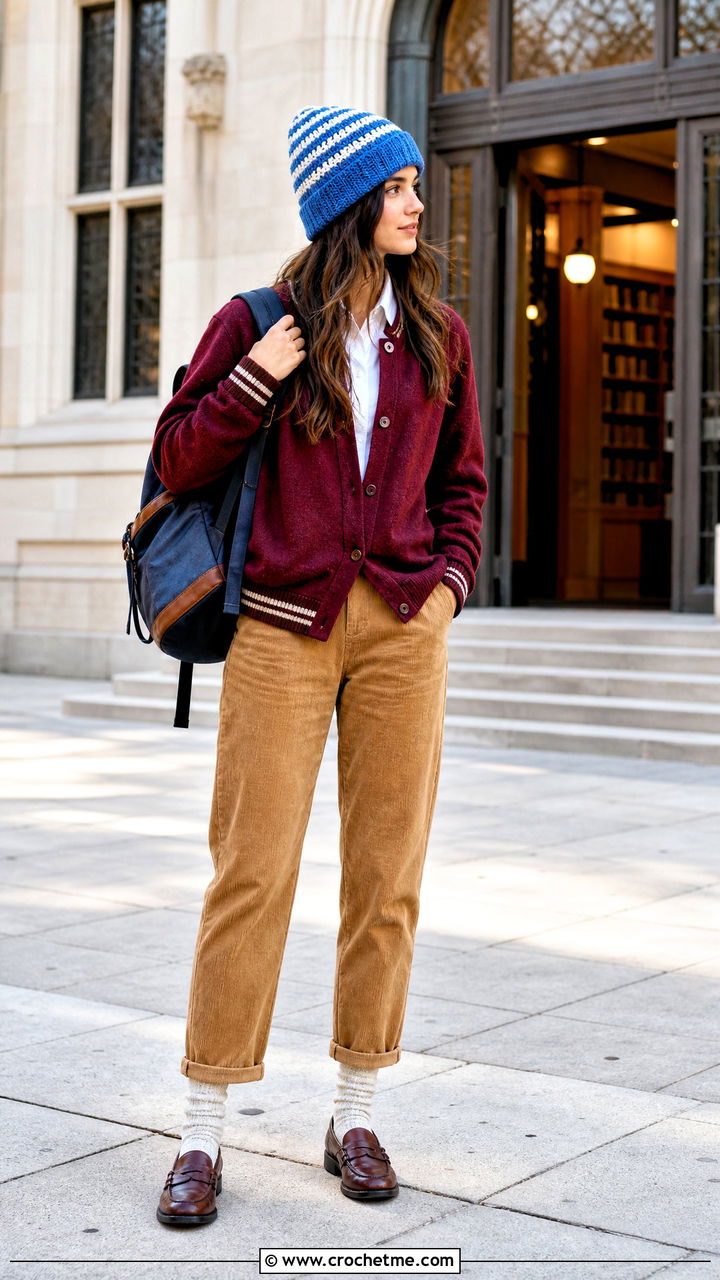 Striped Crochet Beanie With Varsity Sweater And Corduroy Pants - 35 crochet winter hat outfit ideas