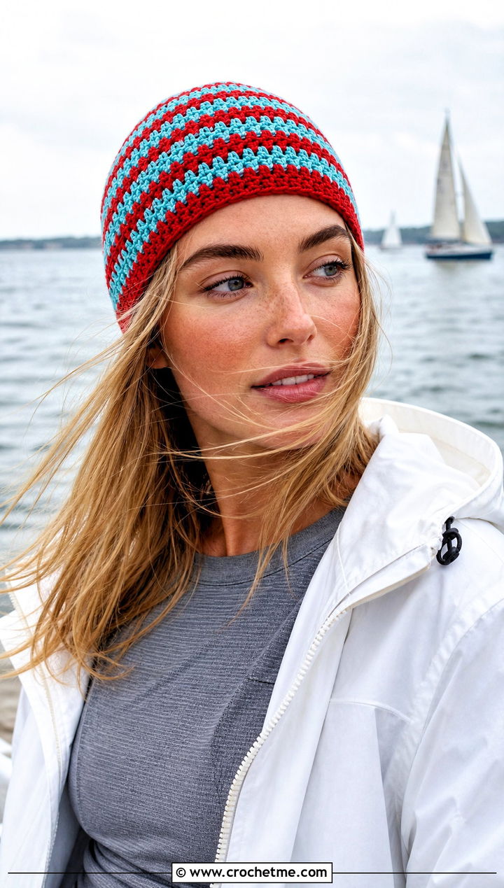 Striped Crochet Beanie With Windbreaker - 25 lakeside crochet beanie outfit ideas