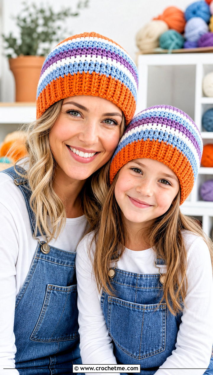 Striped Crochet Beanies With Denim Overalls - 25 crochet mommy and me hats outfit ideas