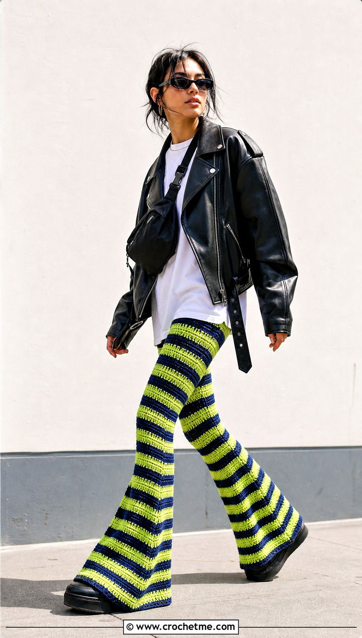 Striped Crochet Bell Bottom Pants With Graphic Tee - 15 crochet bell bottom pants outfit ideas