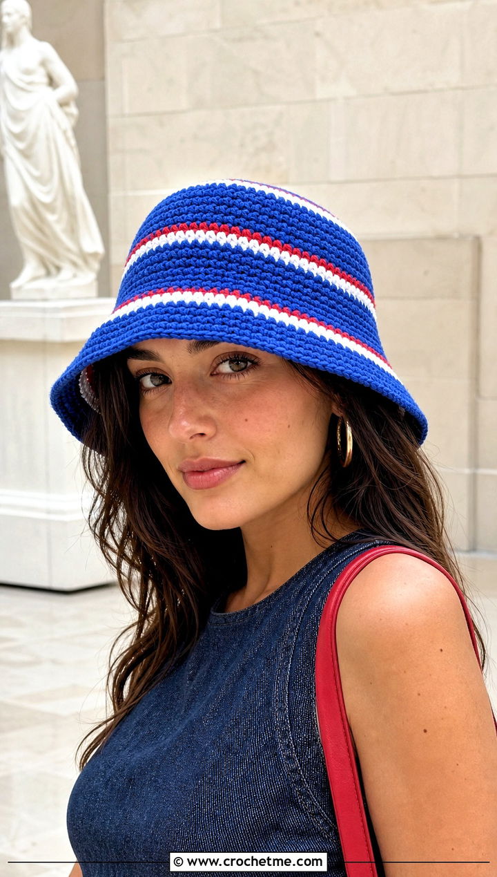 Striped Crochet Bell Hat With Denim Dress - 15 Ladies Crochet Summer Hats outfit ideas