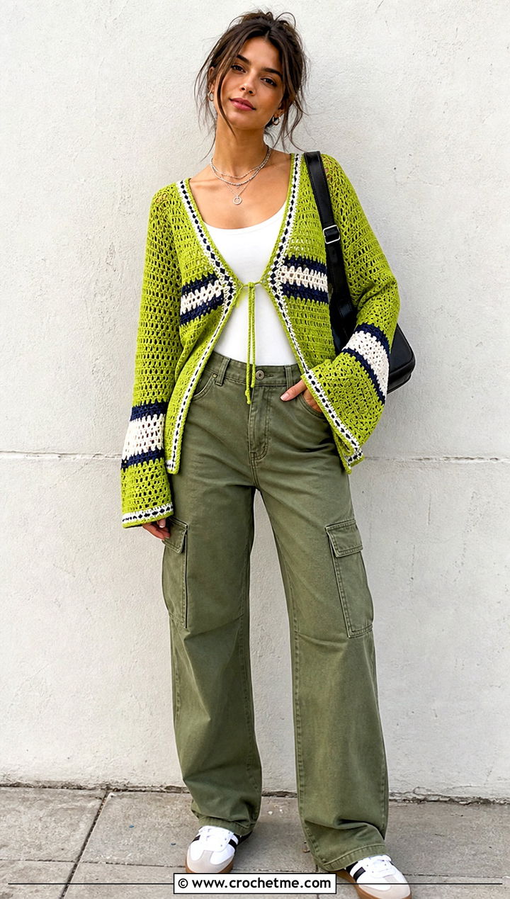 Striped Crochet Bell Sleeve Cardigan With Cargo Pants - 30 crochet bell sleeve cardigan outfit ideas
