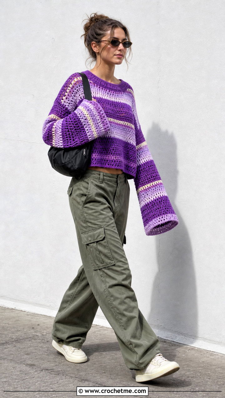 Striped Crochet Bell Sleeve Sweater With Cargo Pants - 25 Crochet Sweater With Bell Sleeves outfit ideas
