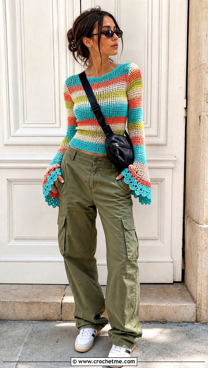 Striped Crochet Bell Sleeve Top With Cargo Pants - 15 crochet bell sleeve top outfit ideas