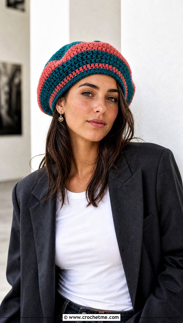 Striped Crochet Beret With Blazer And Relaxed Jeans - 15 simple crochet beret outfit ideas