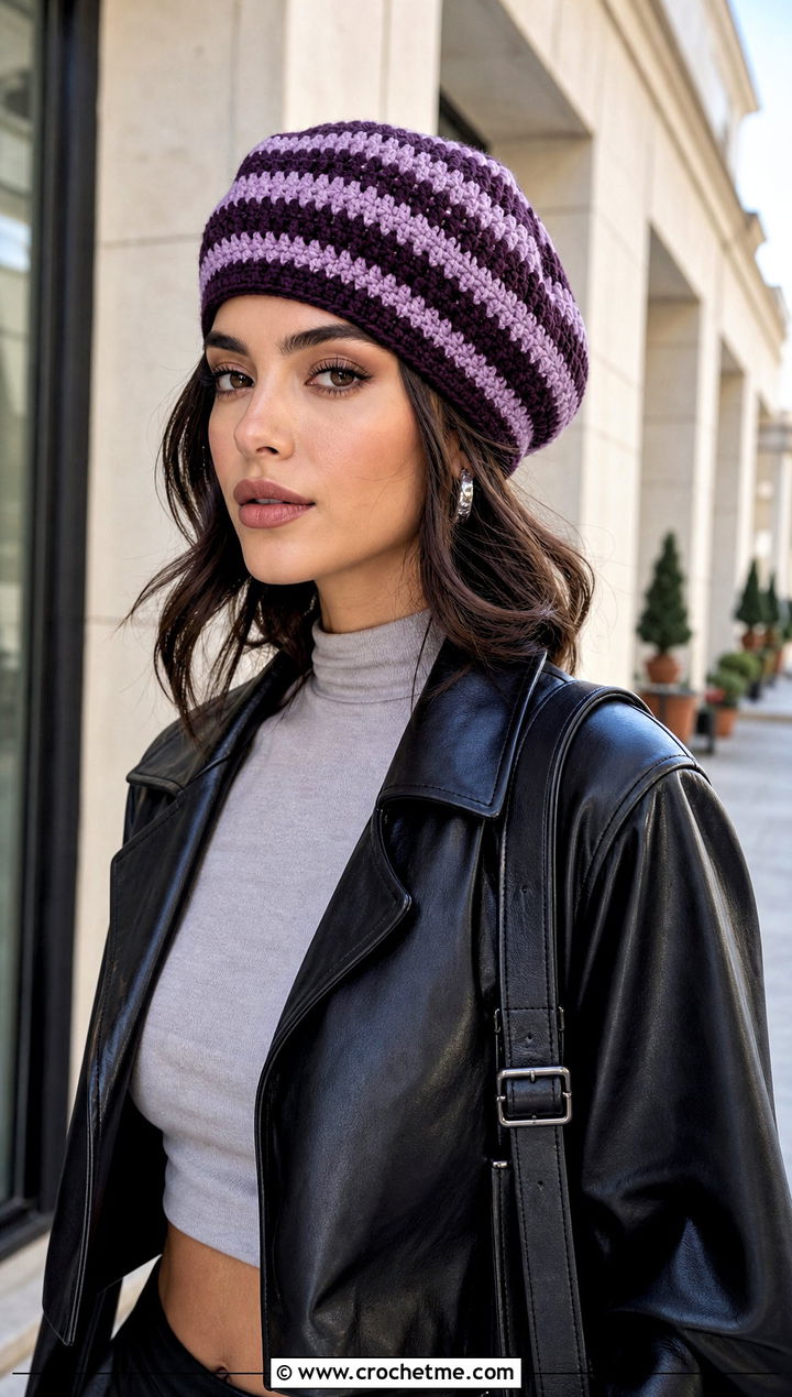 Striped Crochet Beret With Leather Jacket And Midi Skirt - 15 Womens Crochet Beret outfit ideas