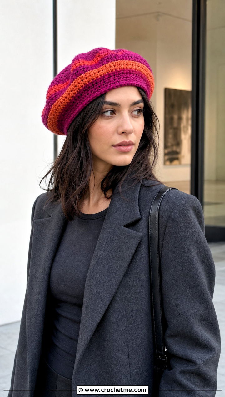 Striped Crochet Beret With Monochrome Outfit - 20 crochet beret hat outfit ideas