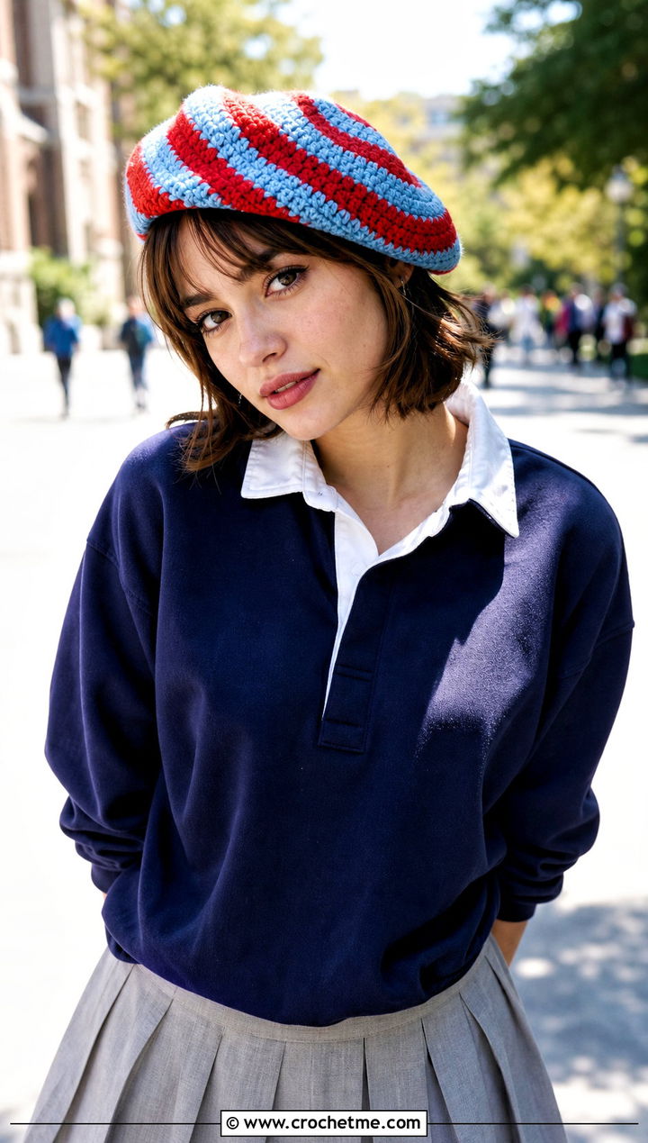 Striped Crochet Beret With Rugby Shirt And Pleated Skirt - 30 crochet berets outfit ideas