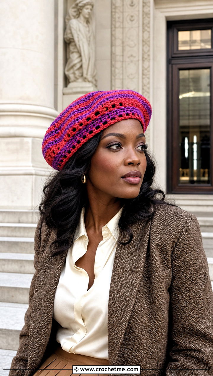 Striped Crochet Beret With Tweed Blazer - 15 crochet hats stripes outfit ideas