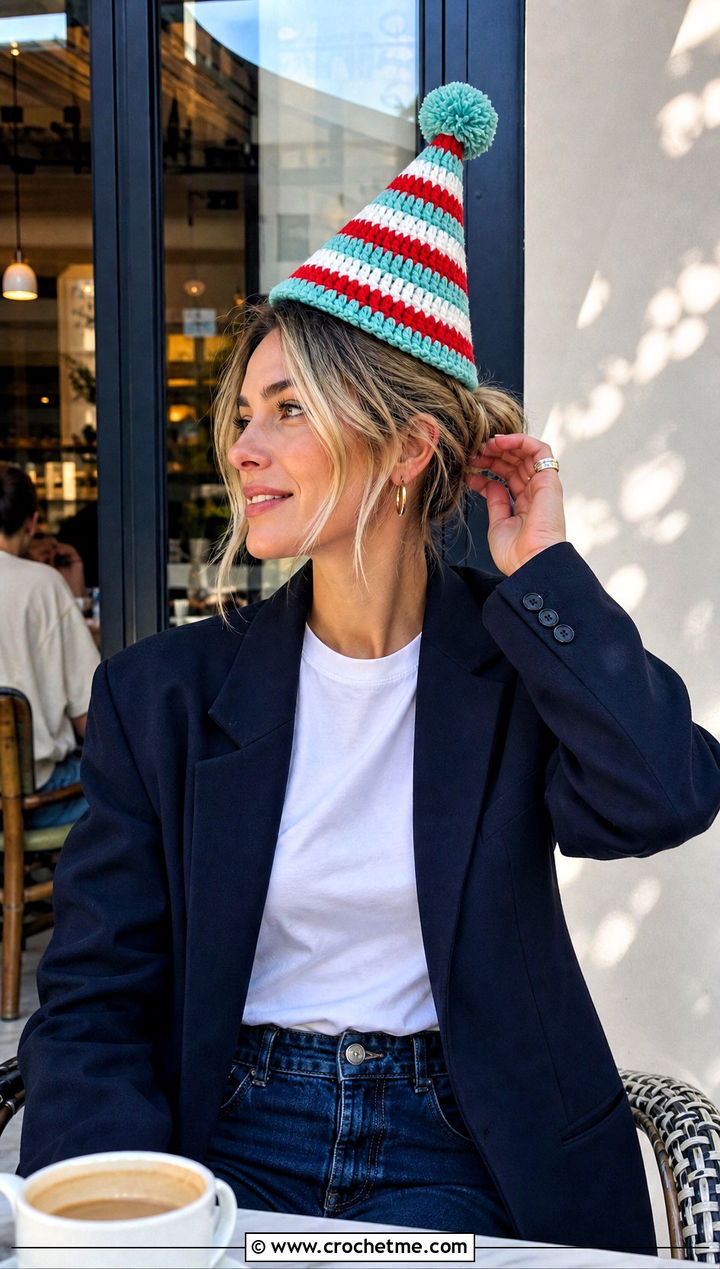 Striped Crochet Birthday Hat With Jeans And Blazer - 30 crochet birthday hat outfit ideas