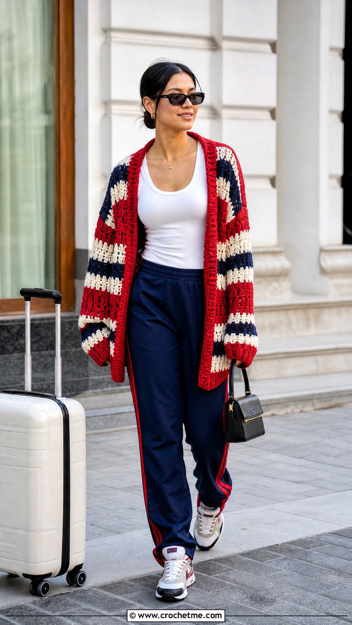 Striped Crochet Blanket Cardigan With Track Pants - 35 crochet blanket cardigan outfit ideas