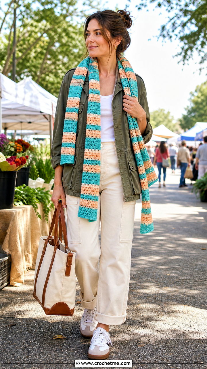 Striped Crochet Blanket Scarf With Utility Jacket - 35 crochet blanket scarf outfit ideas