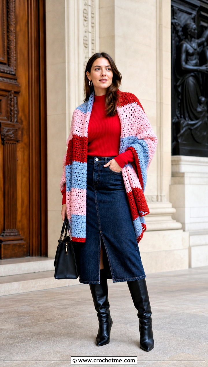 Striped Crochet Blanket Shawl With Denim Skirt - 30 crochet blanket shawl outfit ideas
