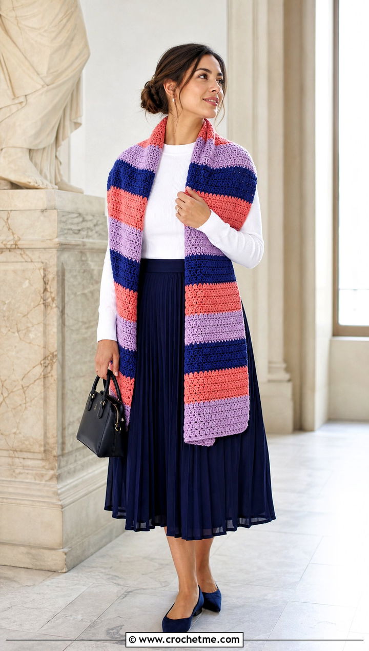 Striped Crochet Blanket Stole With Pleated Skirt - 15 Crochet Shawl Blanket outfit ideas