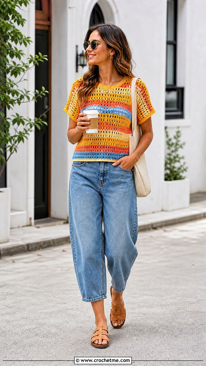Striped Crochet Blouse With Barrel Jeans - 35 crochet summer blouse outfit ideas