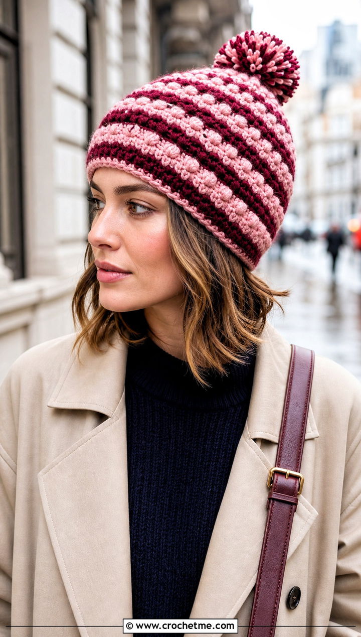 Striped Crochet Bobble Hat With Trench Coat - 30 crochet bobble hat outfit ideas