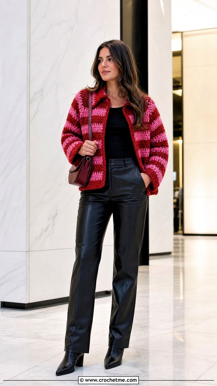 Striped Crochet Bog Jacket With Leather Pants - 35 Crochet Bog Jacket outfit ideas