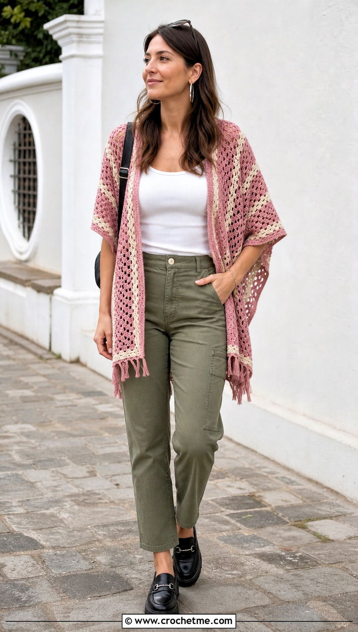 Striped Crochet Boho Poncho With Utility Pants - 30 crochet boho poncho outfit ideas
