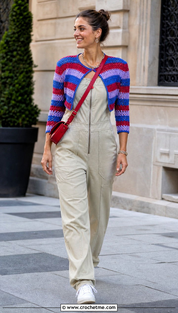 Striped Crochet Bolero Top With Utility Jumpsuit - 20 crochet bolero top outfit ideas