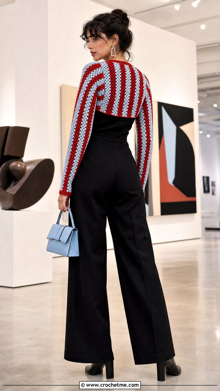 Striped Crochet Bolero With Black Jumpsuit - 35 crochet bolero outfit ideas