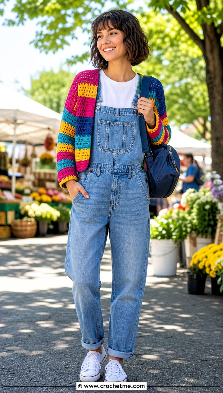 Striped Crochet Bolero With Denim Overalls - 35 crocheted bolero outfit ideas