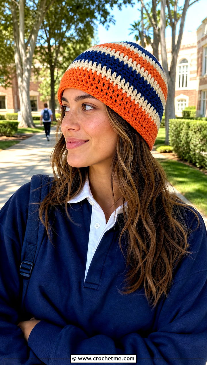 Striped Crochet Bonnet With Rugby Shirt - 25 Crochet Hair Bonnet outfit ideas