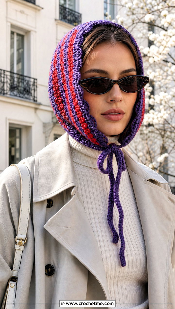 Striped Crochet Bonnet With Trench Coat - 25 striped crochet hat outfit ideas