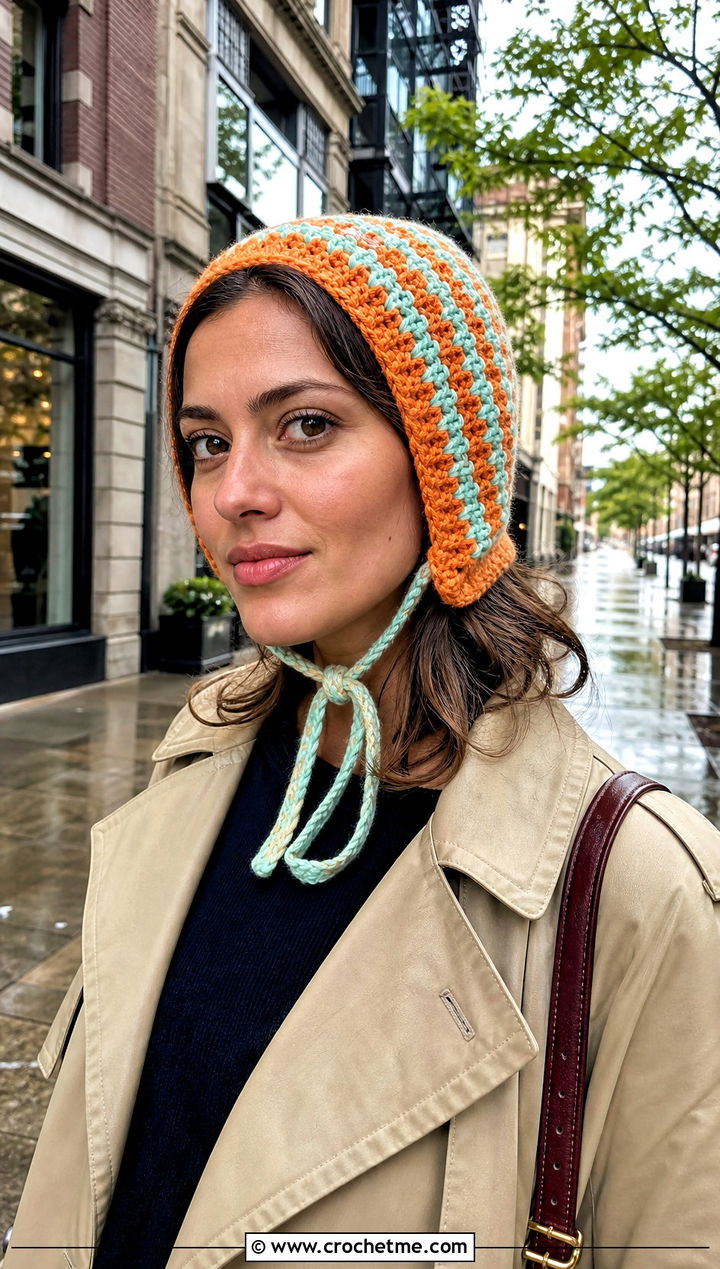 Striped Crochet Bonnet With Trench Coat - 25 Easy Crochet Bonnet outfit ideas