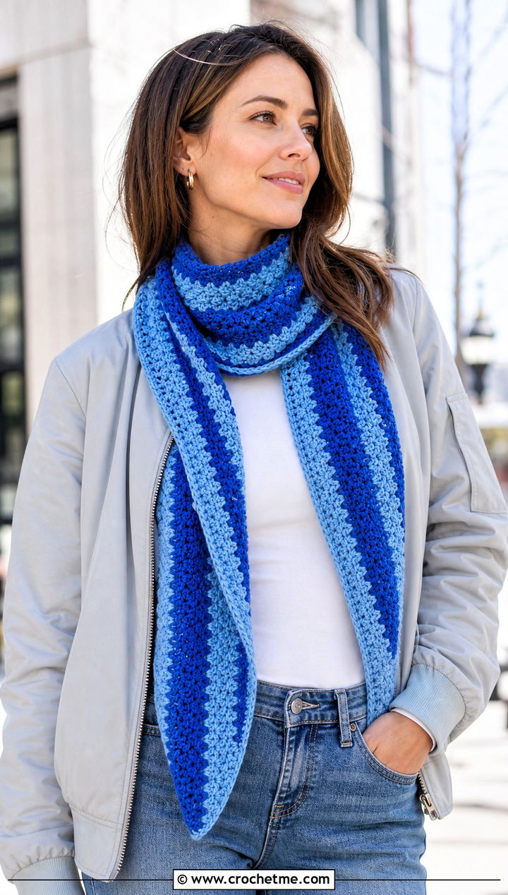 Striped Crochet Boomerang Scarf With Straight Leg Jeans - 15 Crochet Boomerang Scarf outfit ideas