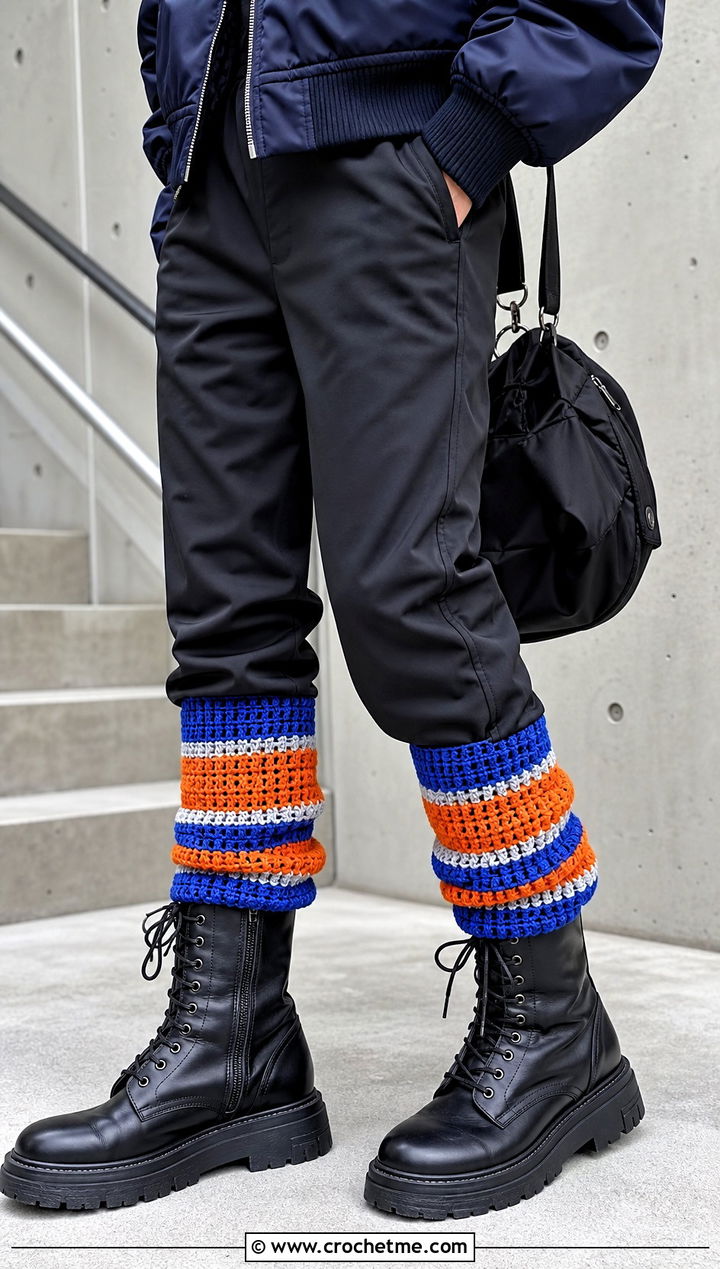 Striped Crochet Boot Cuffs With Track Pants and Combat Boots - 30 crochet boot cuff outfit ideas
