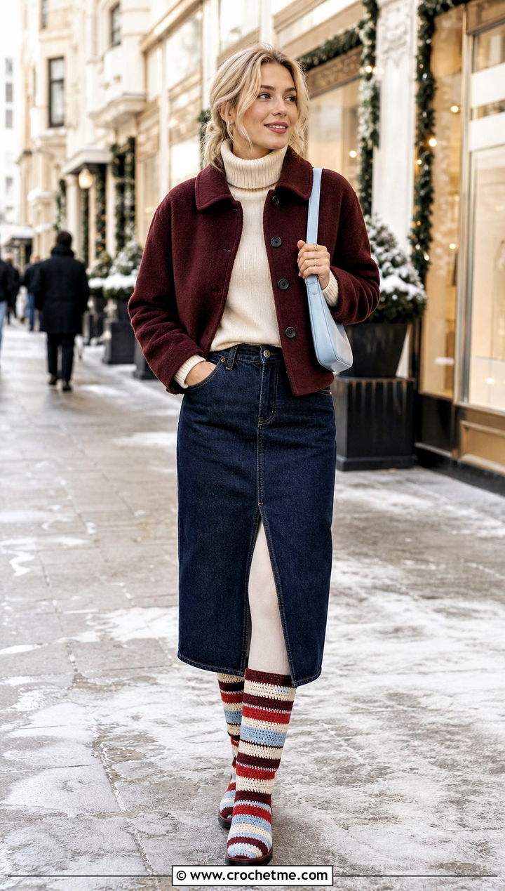 Striped Crochet Boots With A Denim Midi Skirt - 15 colorful crochet winter boots outfit ideas