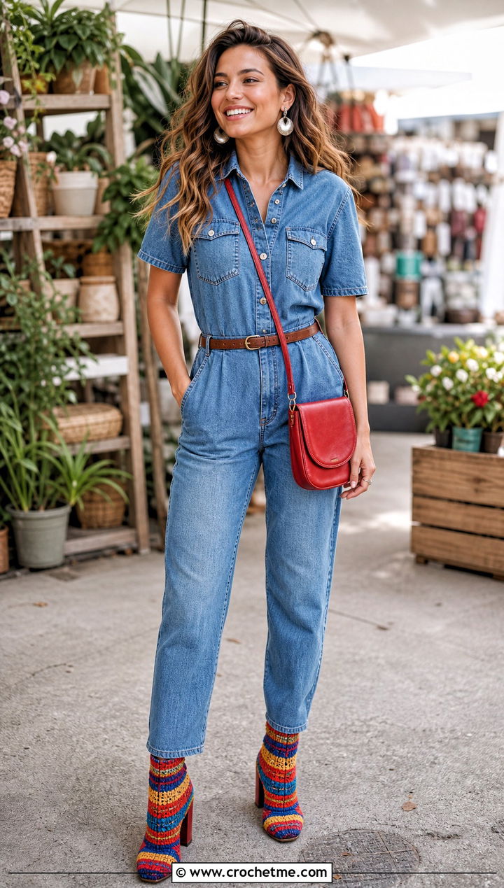 Striped Crochet Boots With Denim Jumpsuit - 25 crocheted boots outfit ideas