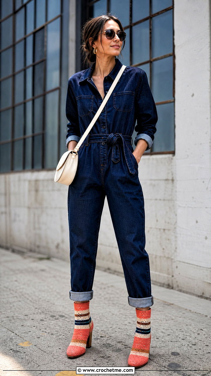 Striped Crochet Boots With Denim Jumpsuit - 35 crochet boots outfit ideas