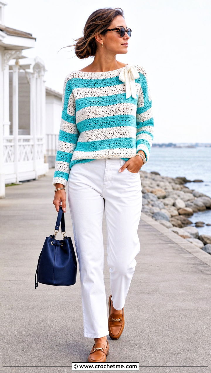 Striped Crochet Bow Sweater With White Jeans - 25 crochet bow sweater outfit ideas