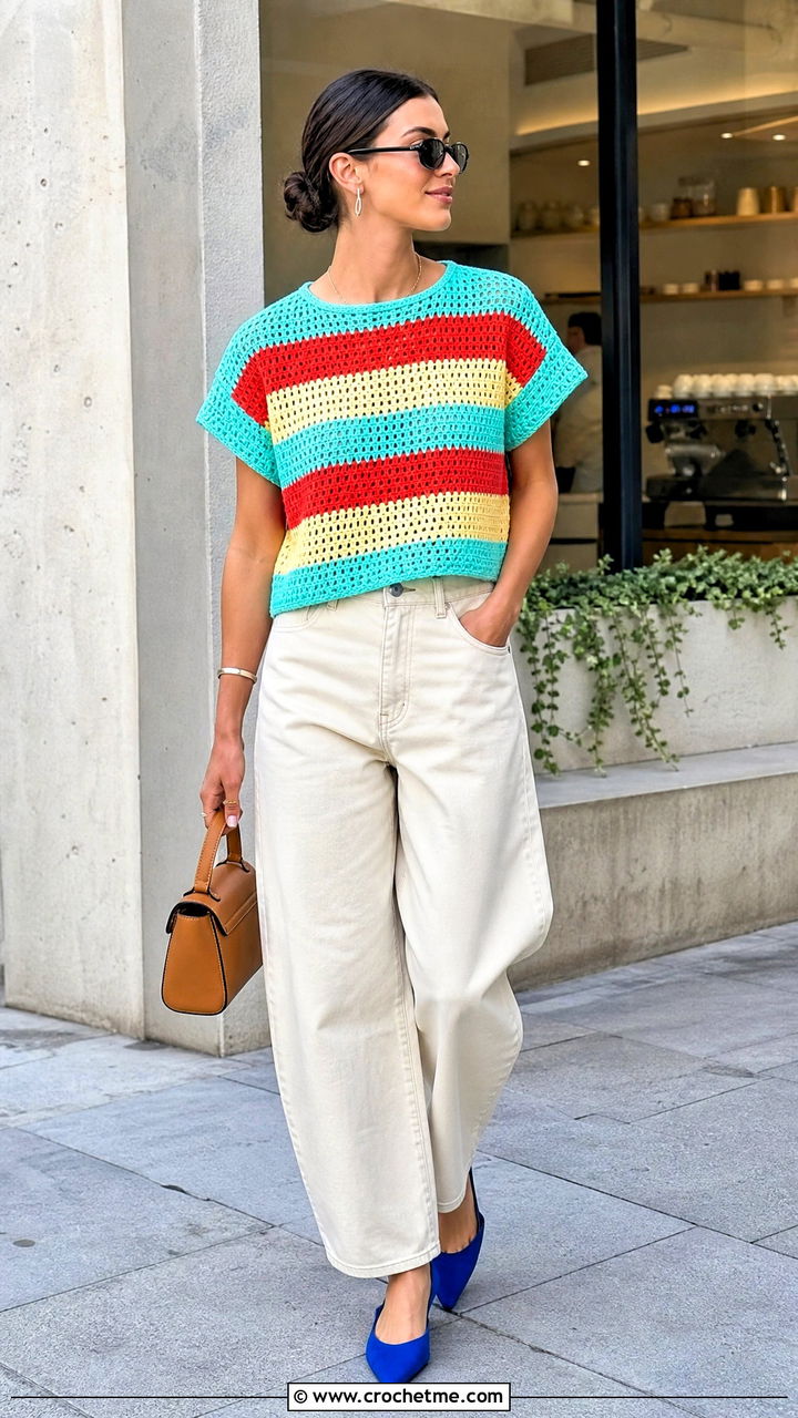 Striped Crochet Boxy Top With Barrel Jeans - 35 striped crochet top outfit ideas