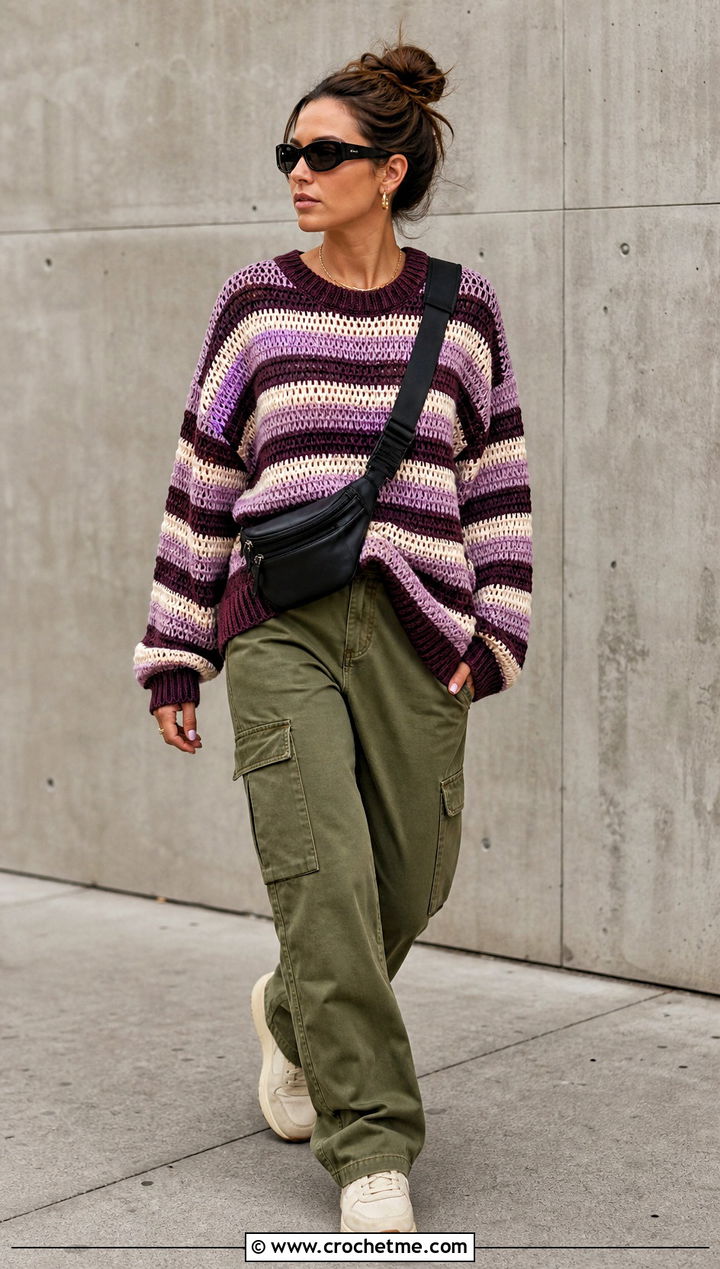 Striped Crochet Boyfriend Sweater With Cargo Pants - 30 crochet boyfriend sweater outfit ideas