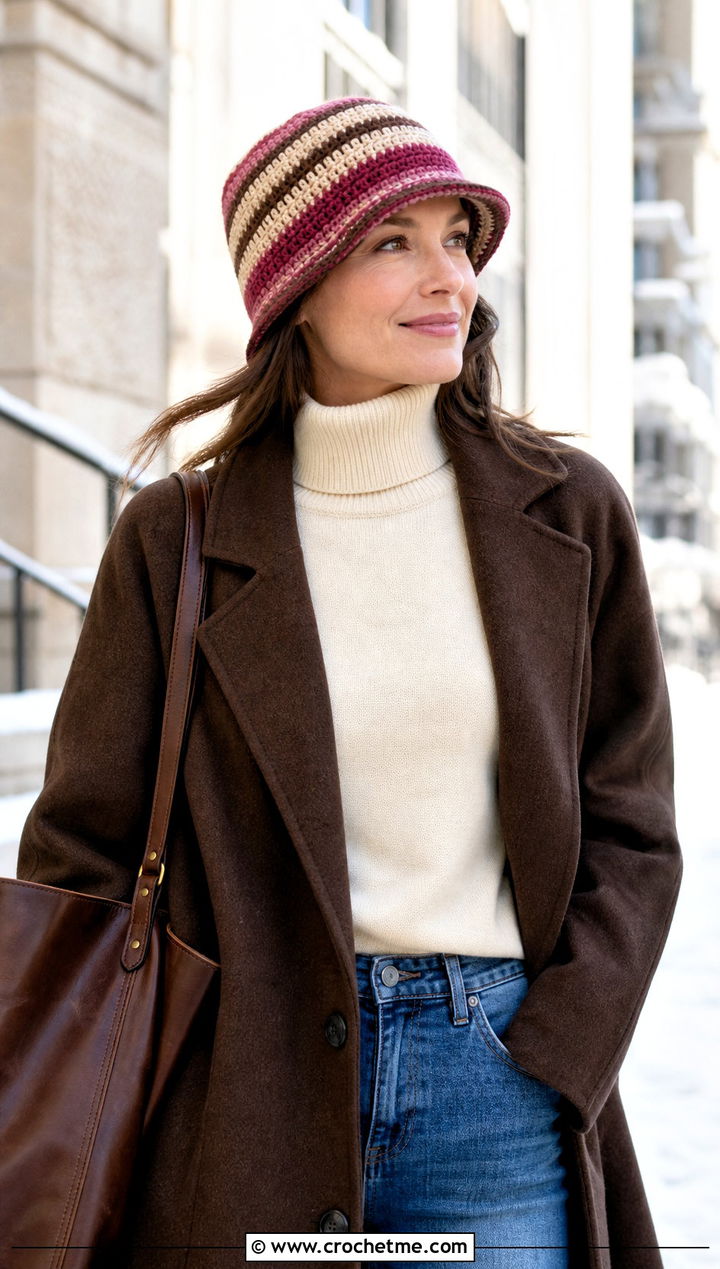 Striped Crochet Brimmed Beanie With Wool Coat - 25 striped crochet hat outfit ideas
