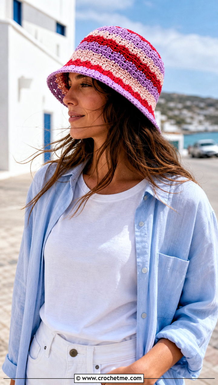 Striped Crochet Bucket Beach Hat With White Jeans - 30 crochet beach hats outfit ideas