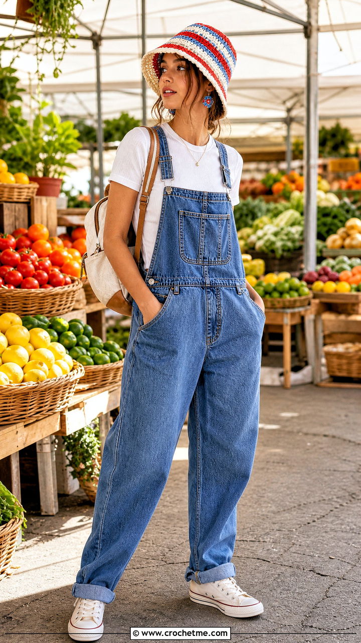 Striped Crochet Bucket Cap With Denim Overalls - 35 crochet cap outfit ideas