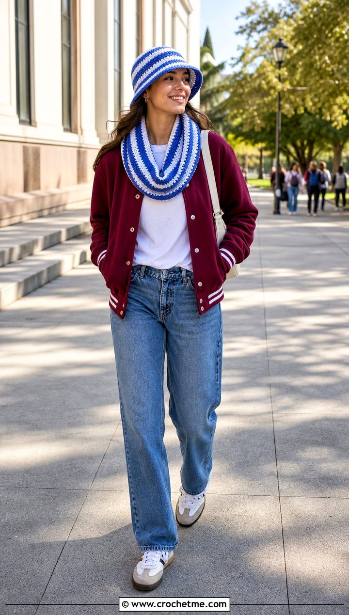 Striped Crochet Bucket Hat And Infinity Scarf With Varsity Jacket - 35 crochet hat and scarf set outfit ideas