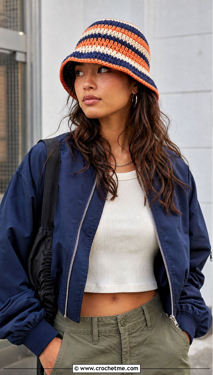 Striped Crochet Bucket Hat With Bomber Jacket And Cargo Pants - 20 crochet women's hat outfit ideas