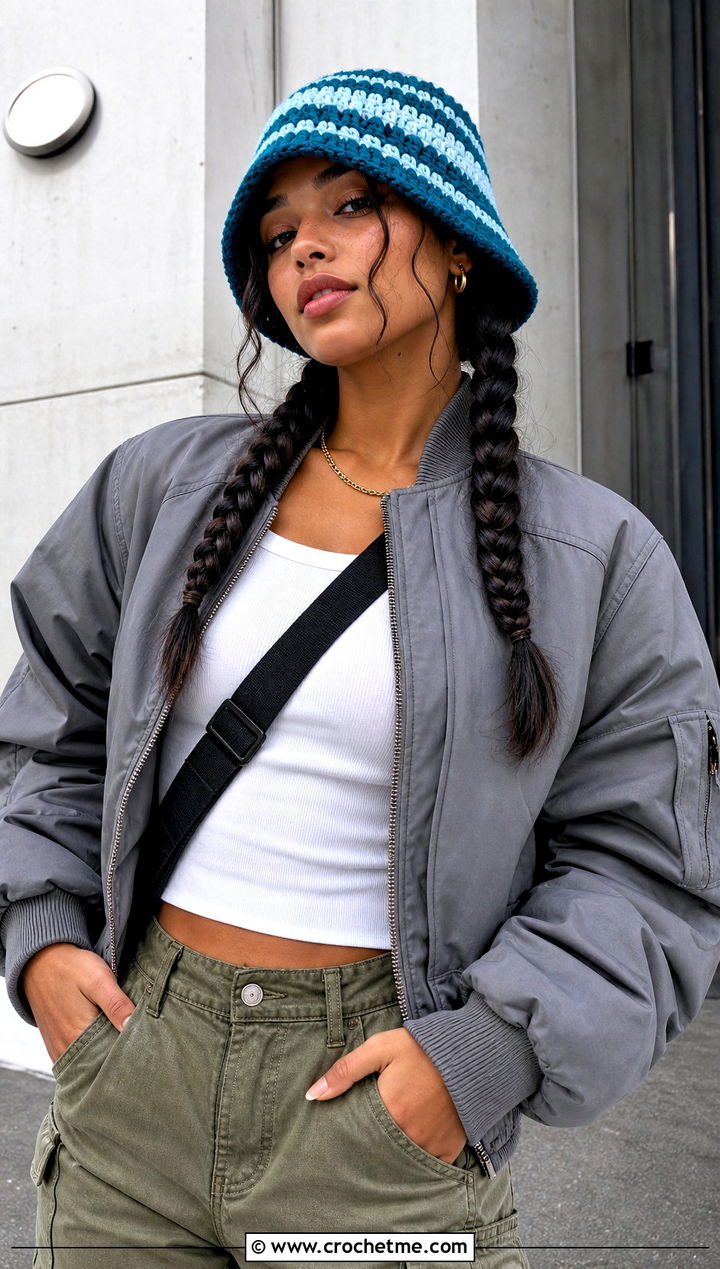 Striped Crochet Bucket Hat With Braids And Cargo Pants - 30 crochet hat with hair outfit ideas