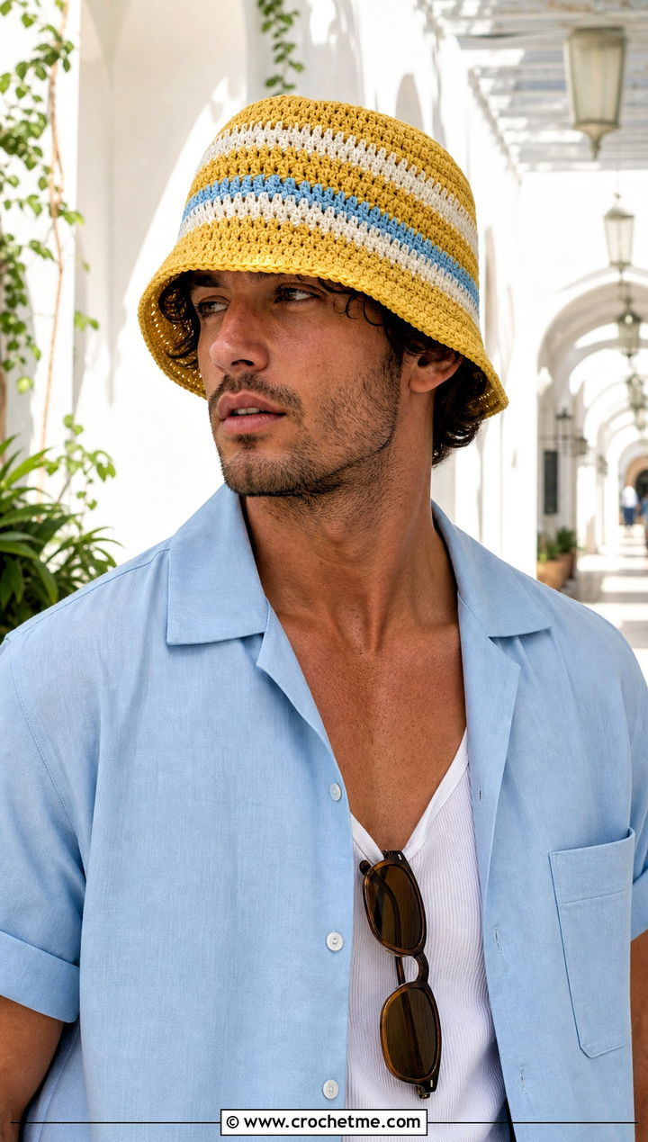 Striped Crochet Bucket Hat With Camp Collar Shirt And Chinos - 30 men's crochet hats outfit ideas